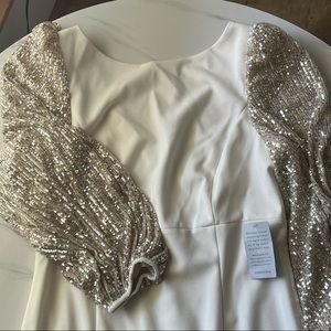 Formal White Dress with Sparkly Sequin Sleeves - 14